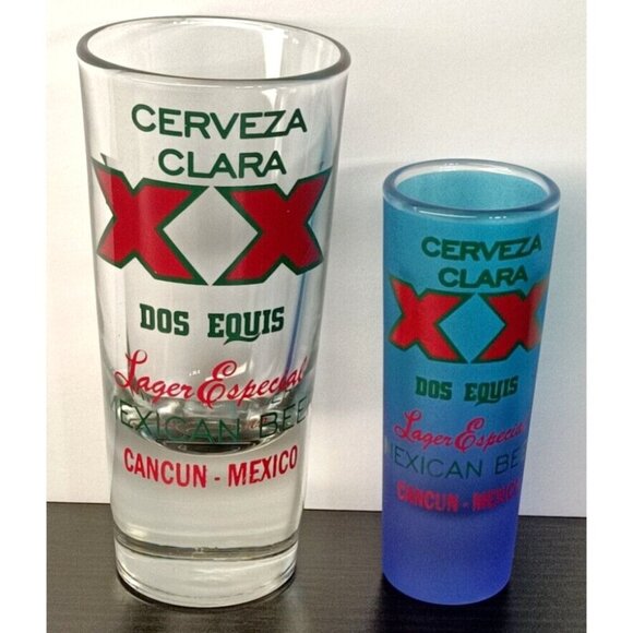 Dos Equis Shot Glass Set of 2 Cancun Mexico Cerveza Clara XX Rare Collectibe Bar - Picture 6 of 6